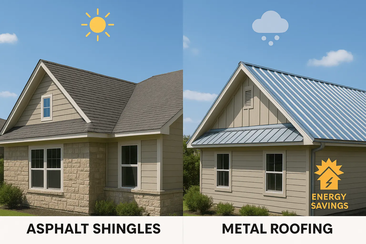 Comparison of metal roofing vs asphalt shingles showing energy savings and weather resistance benefits for Austin homes.