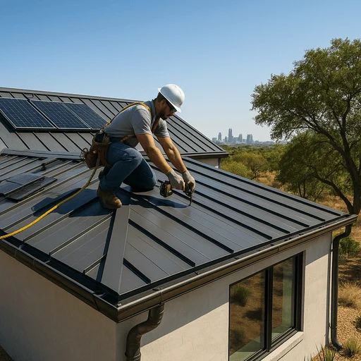 Roofing contractor installing a standing seam metal roof on a modern Austin home, showcasing energy efficiency, durability, and sustainability in Texas climate.